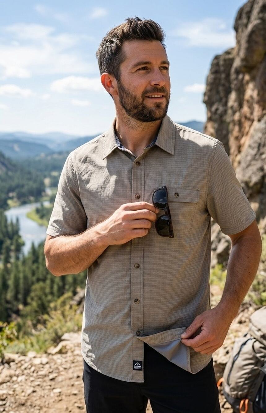 Avalanche Mens M Short Sleeve Button Up Shirt Stretch Outdoor Hiking Beige